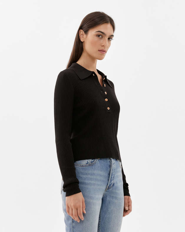 Ribbed long sleeve polo top Clearance