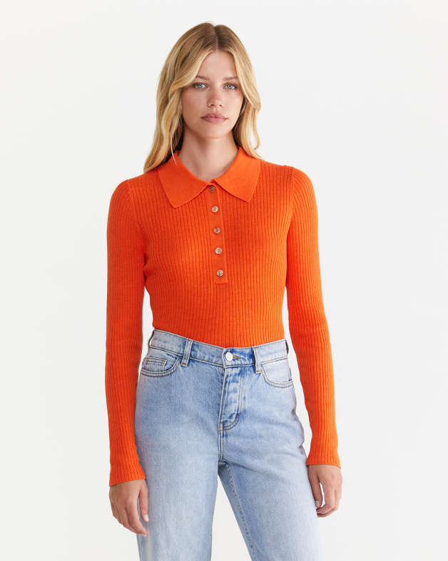 Ribbed long sleeve polo top Clearance