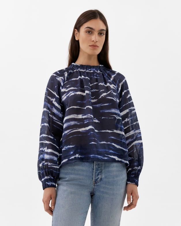 Ramie Tie Dye Long Sleeve Blouse in Blue Multi JAG