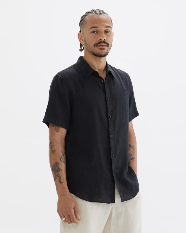 Mens black linen shirts short clearance sleeve