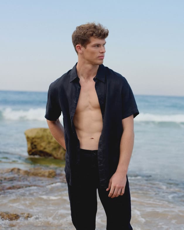 Palmer Short Sleeve Linen Shirt in Washed Black JAG