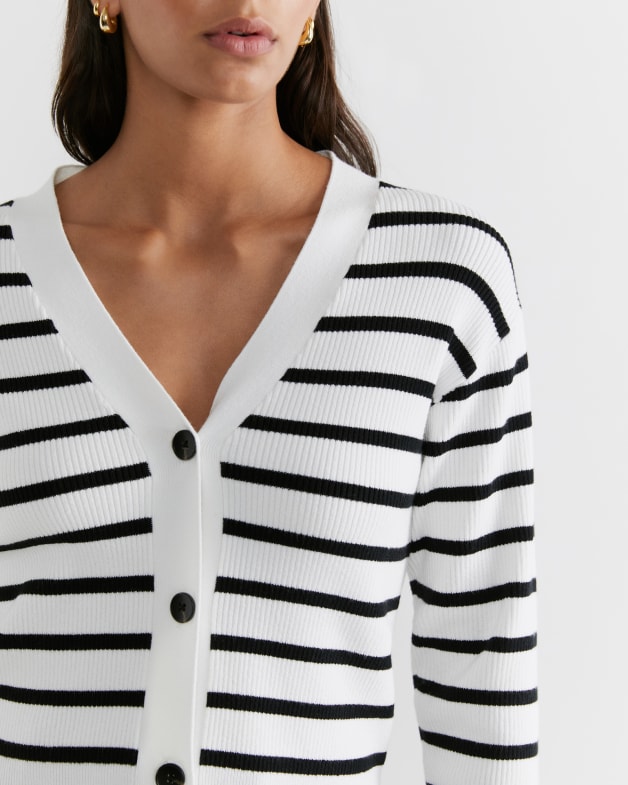 White cardigan with black stripes cheap