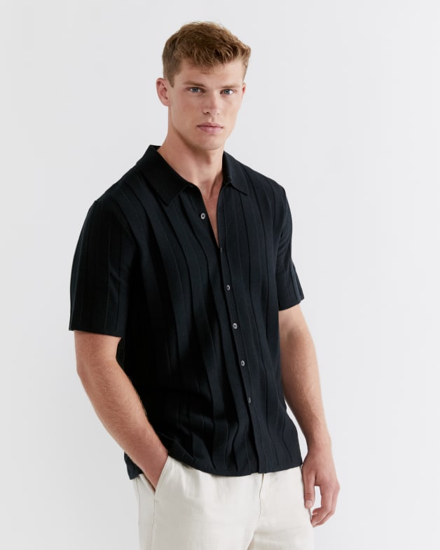 Spencer Button Thru Knit Shirt in Black JAG
