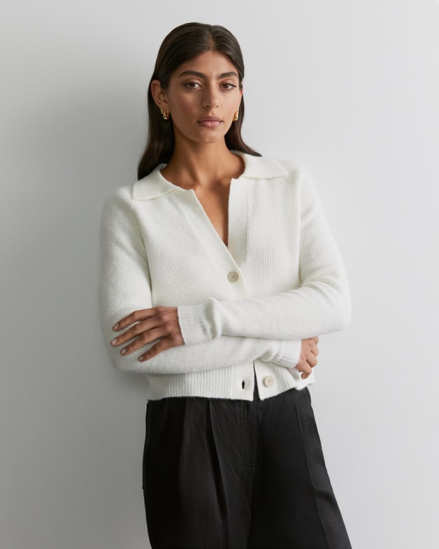 Allie Fuzzy Knit Collar Cardi in White JAG