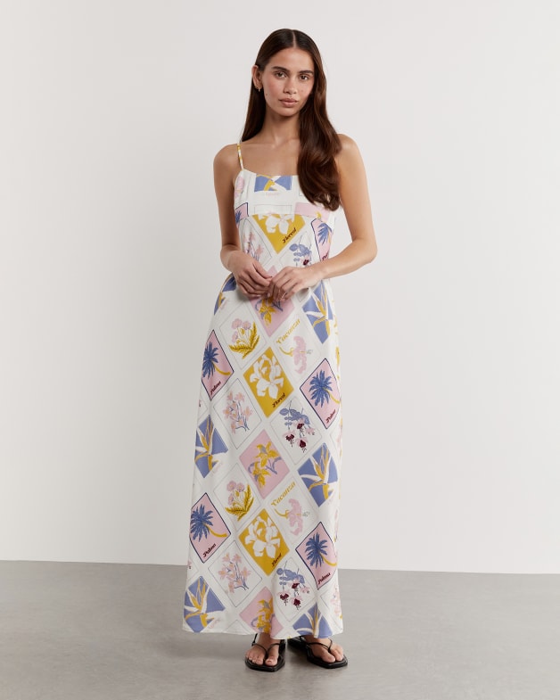 Aria Postcard Bias Slip Dress in Pink Multi JAG