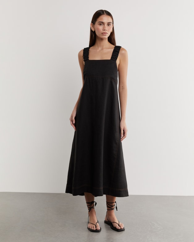 Kiki Elastic Strap Linen Dress in Black JAG