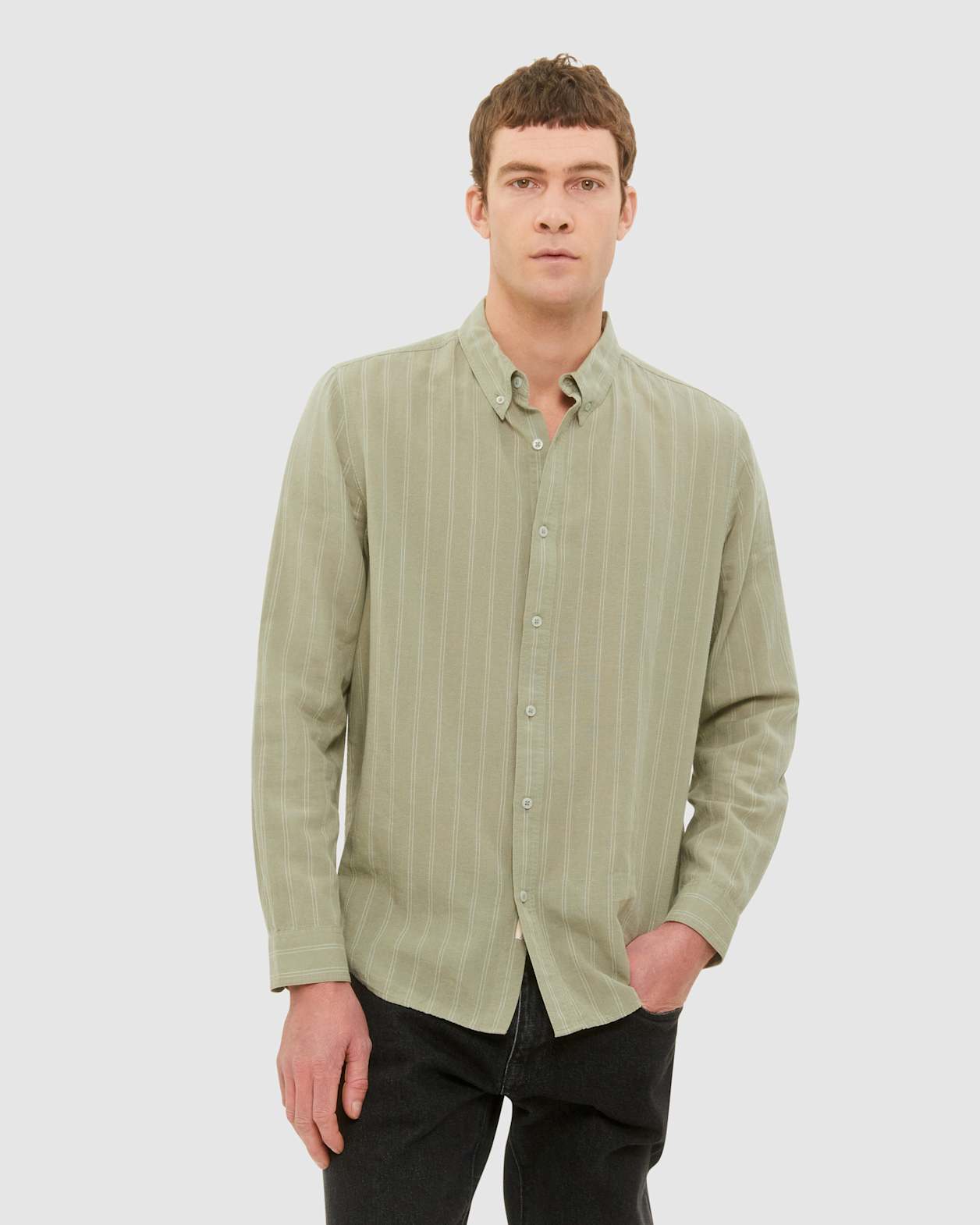 Stripe Lyocell Linen Shirt in MINT/IVORY