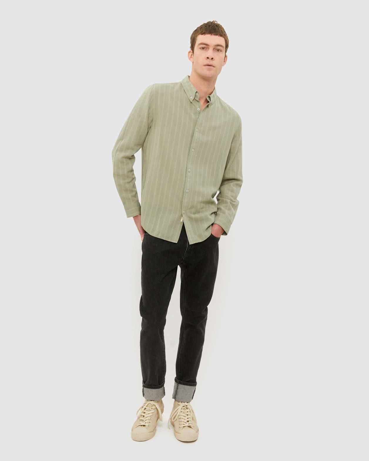 Stripe Lyocell Linen Shirt in MINT/IVORY