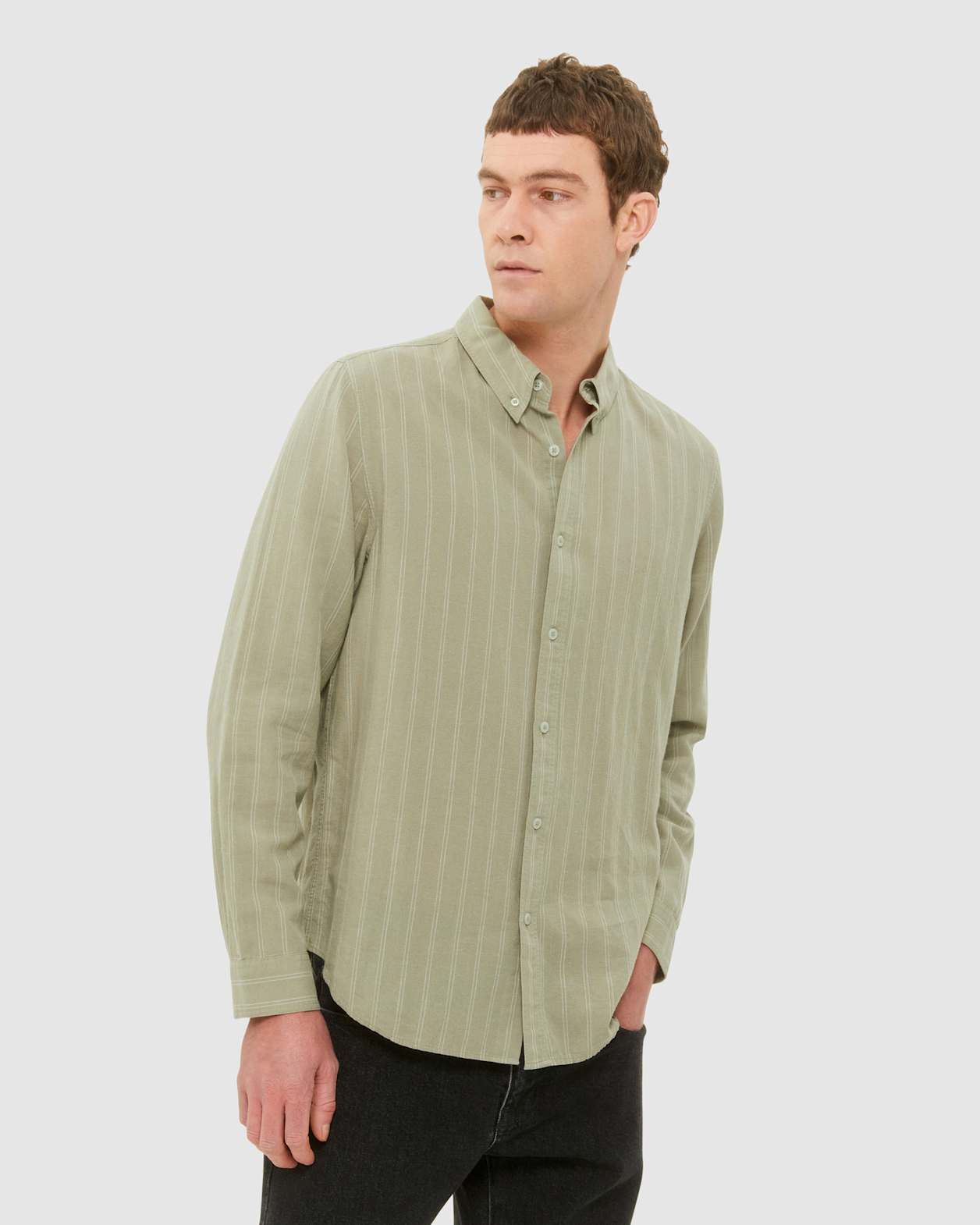 Stripe Lyocell Linen Shirt in MINT/IVORY
