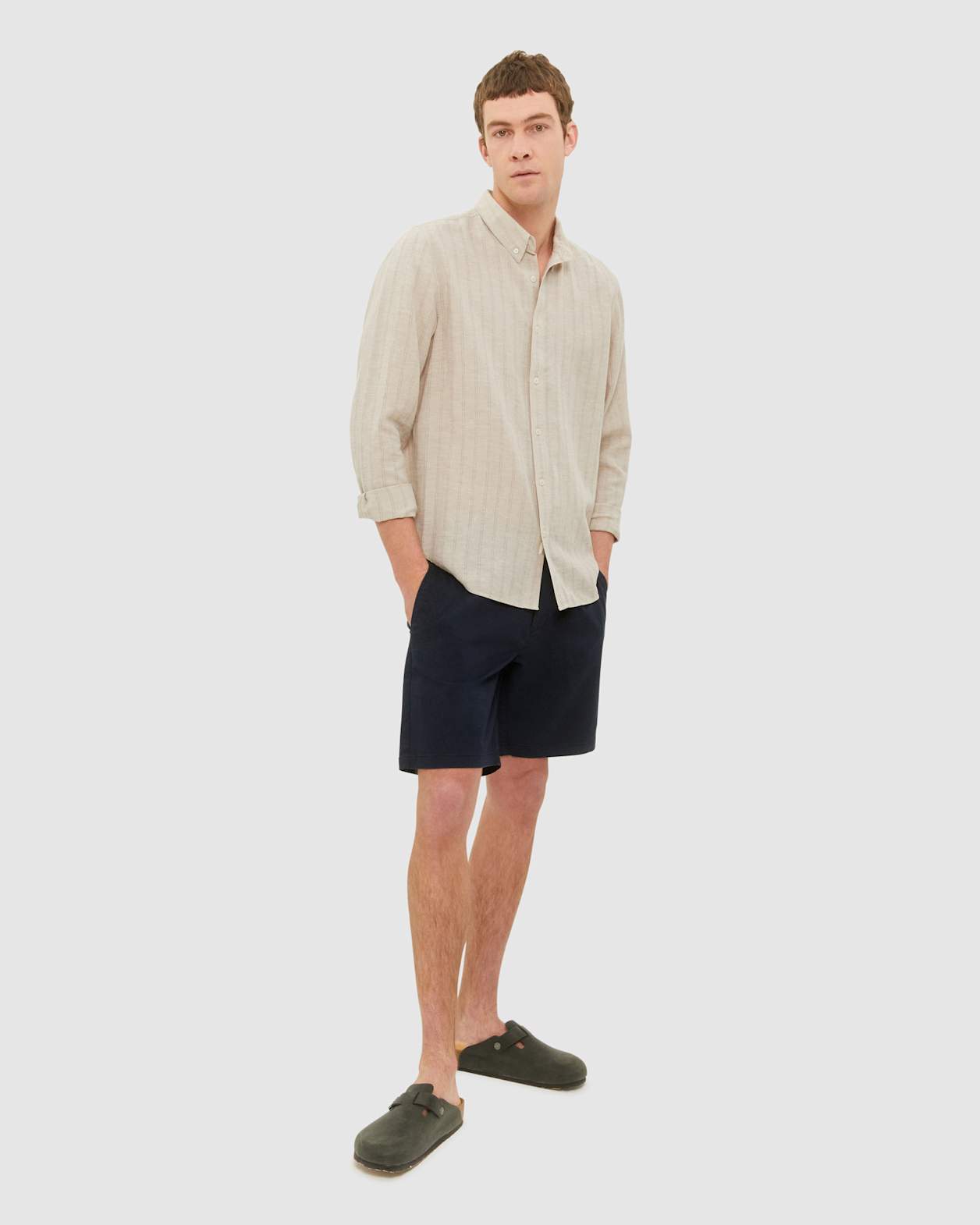 Stripe Lyocell Linen Shirt in OATMEAL/NAVY