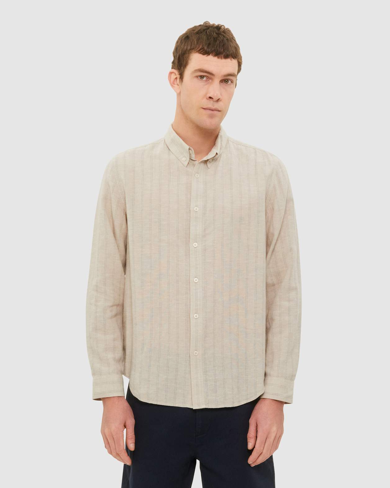 Stripe Lyocell Linen Shirt in OATMEAL/NAVY