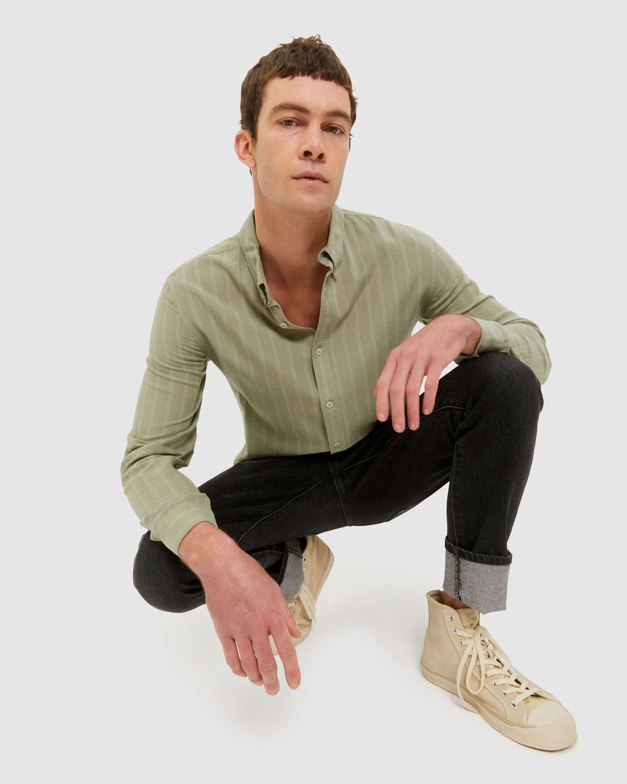 Stripe Lyocell Linen Shirt in MINT/IVORY
