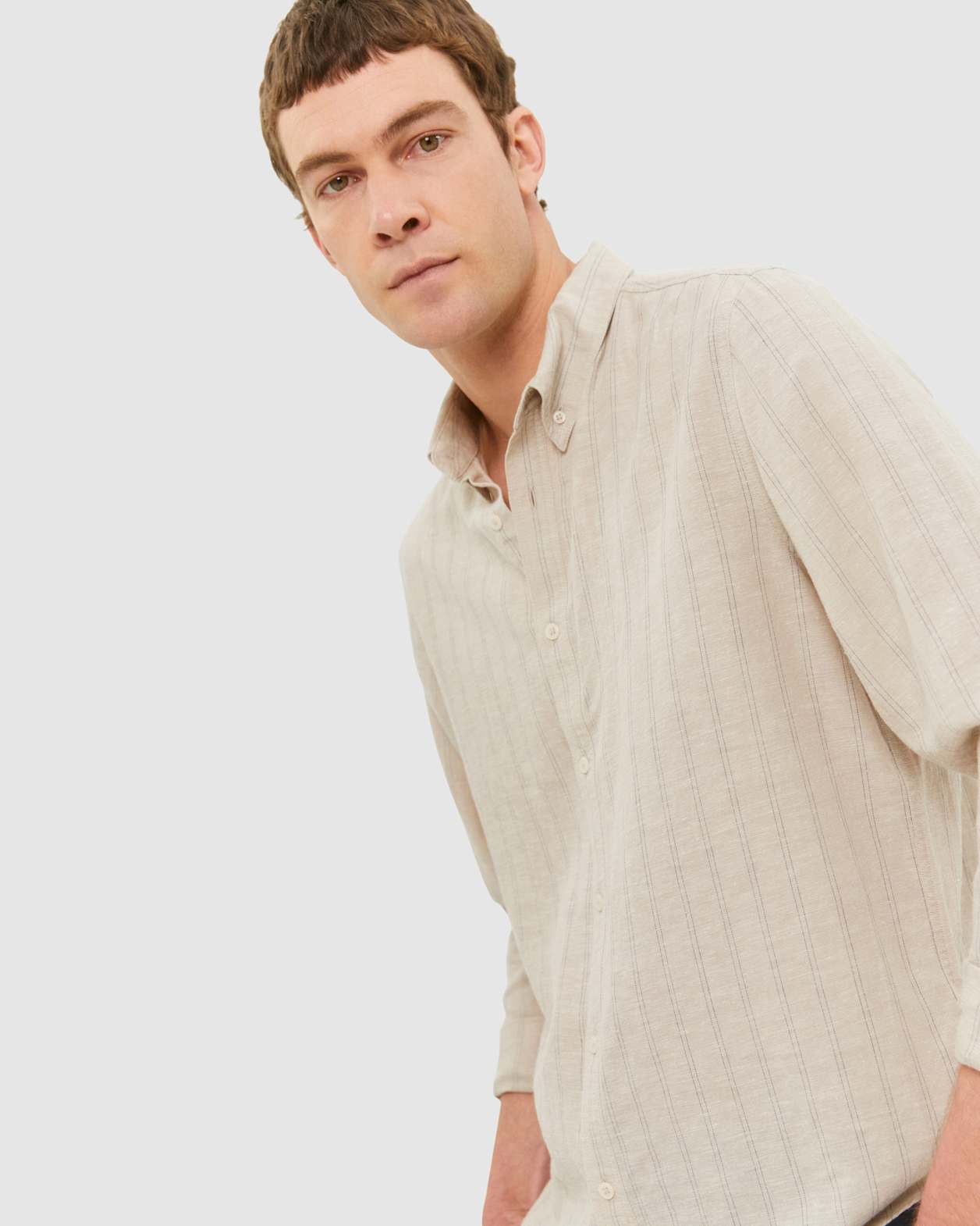Stripe Lyocell Linen Shirt in OATMEAL/NAVY