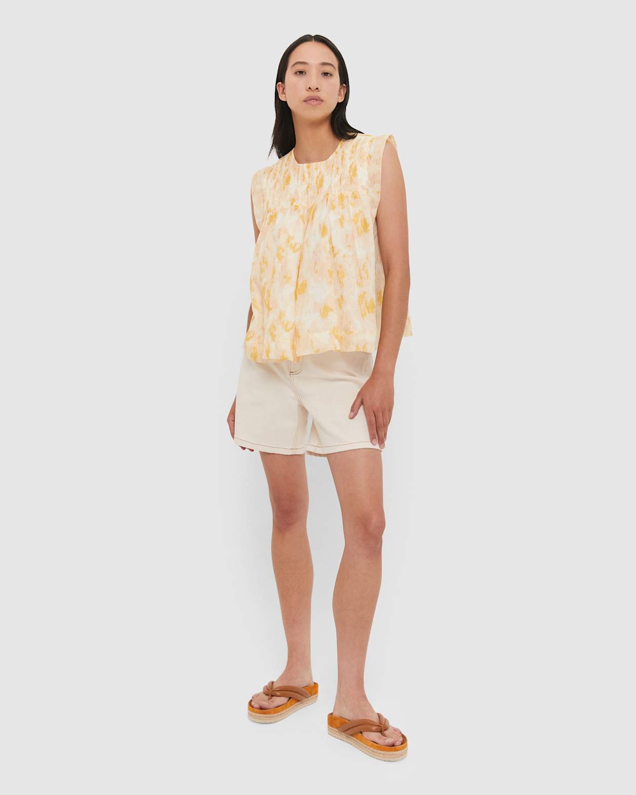 Shirred Sleeveless Ramie Top in GOLD/WHITE