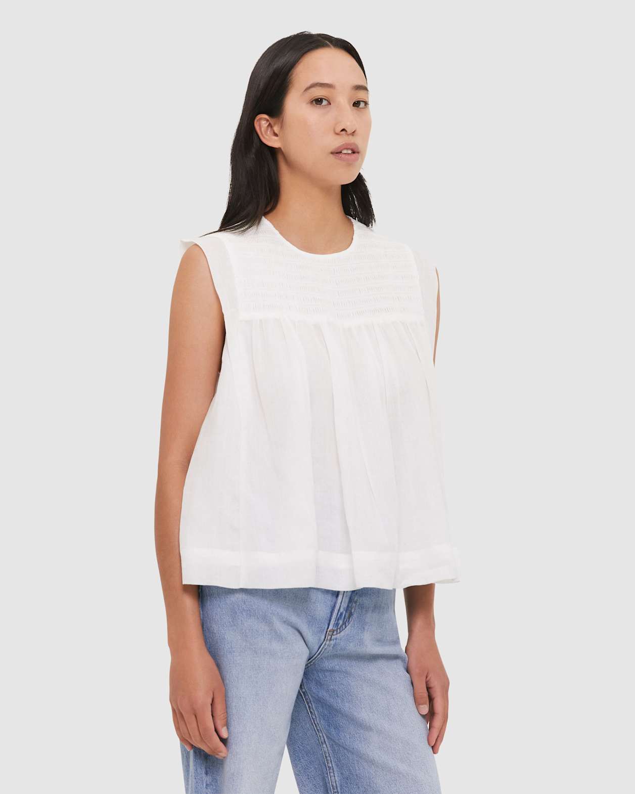 Shirred Sleeveless Ramie Top in WHITE
