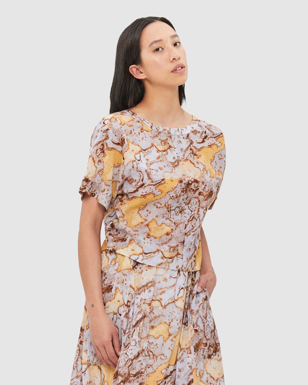 Blair Crinkle Print Top in OYSTER
