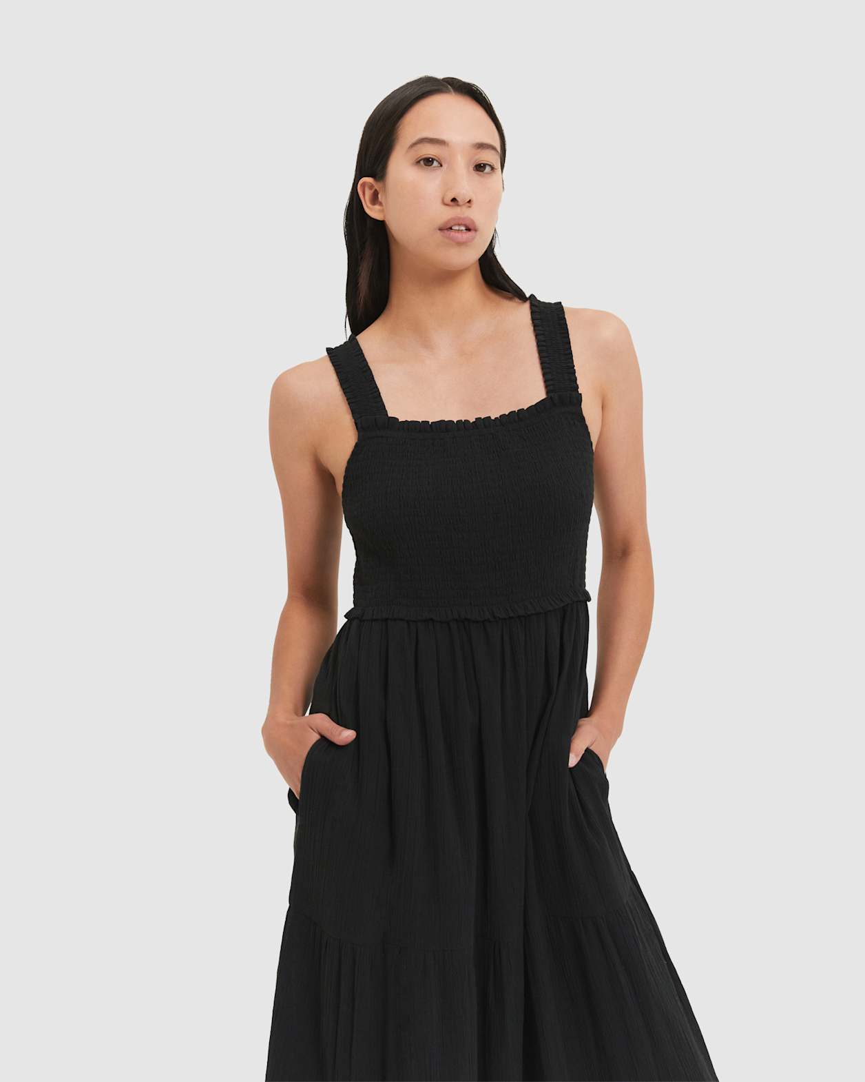 Lucy Shirred Midi Dress in BLACK