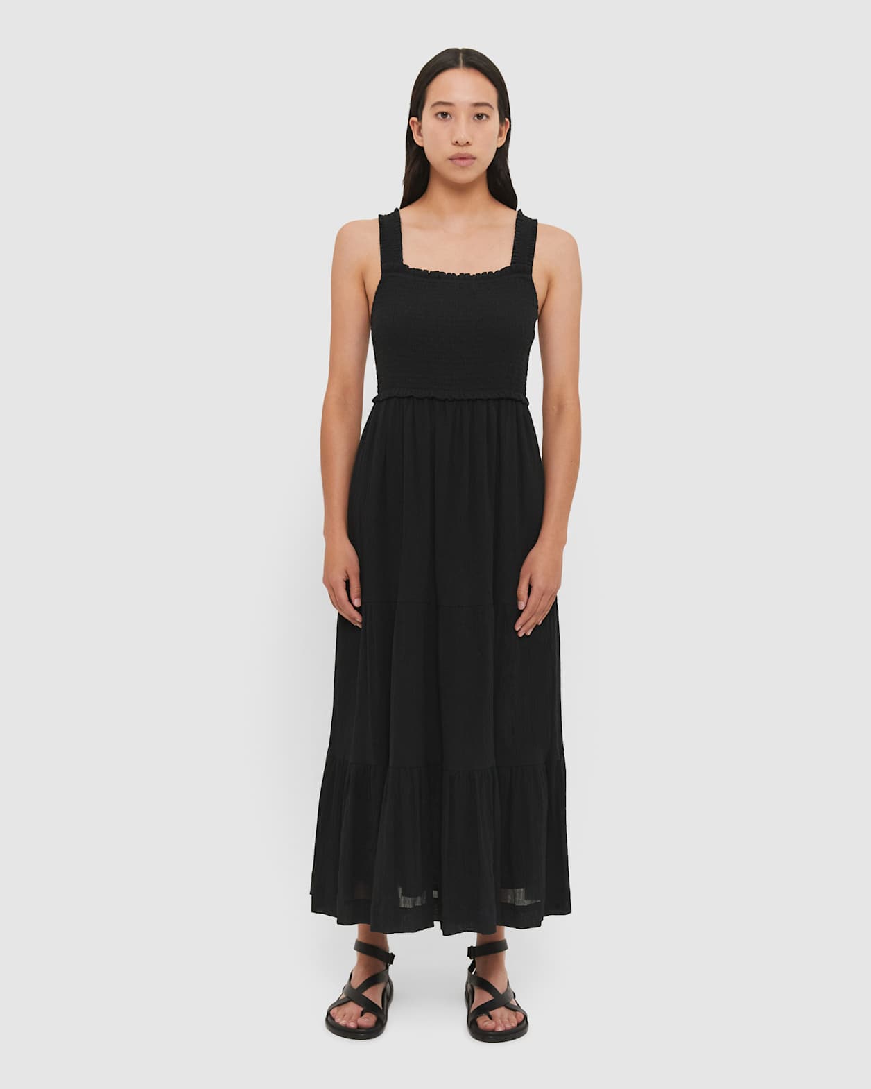 Lucy Shirred Midi Dress in BLACK