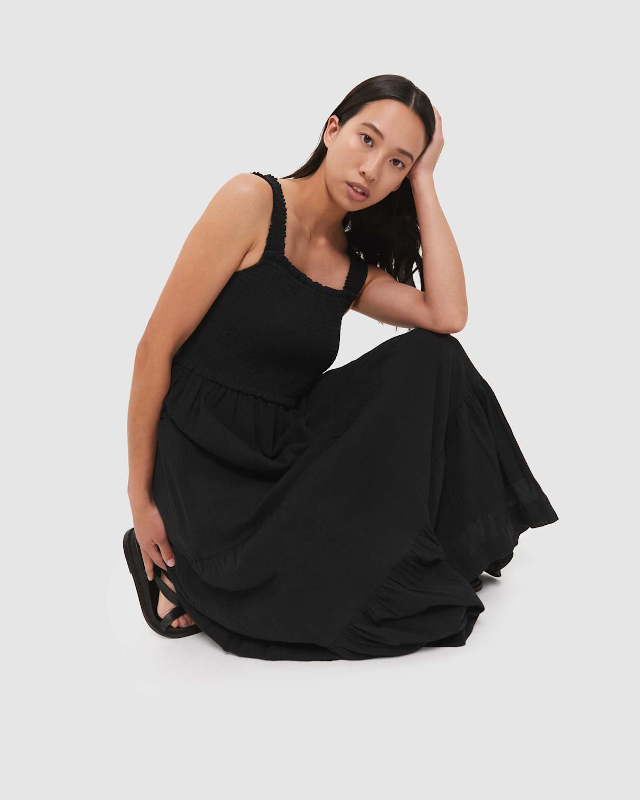 Lucy Shirred Midi Dress in BLACK