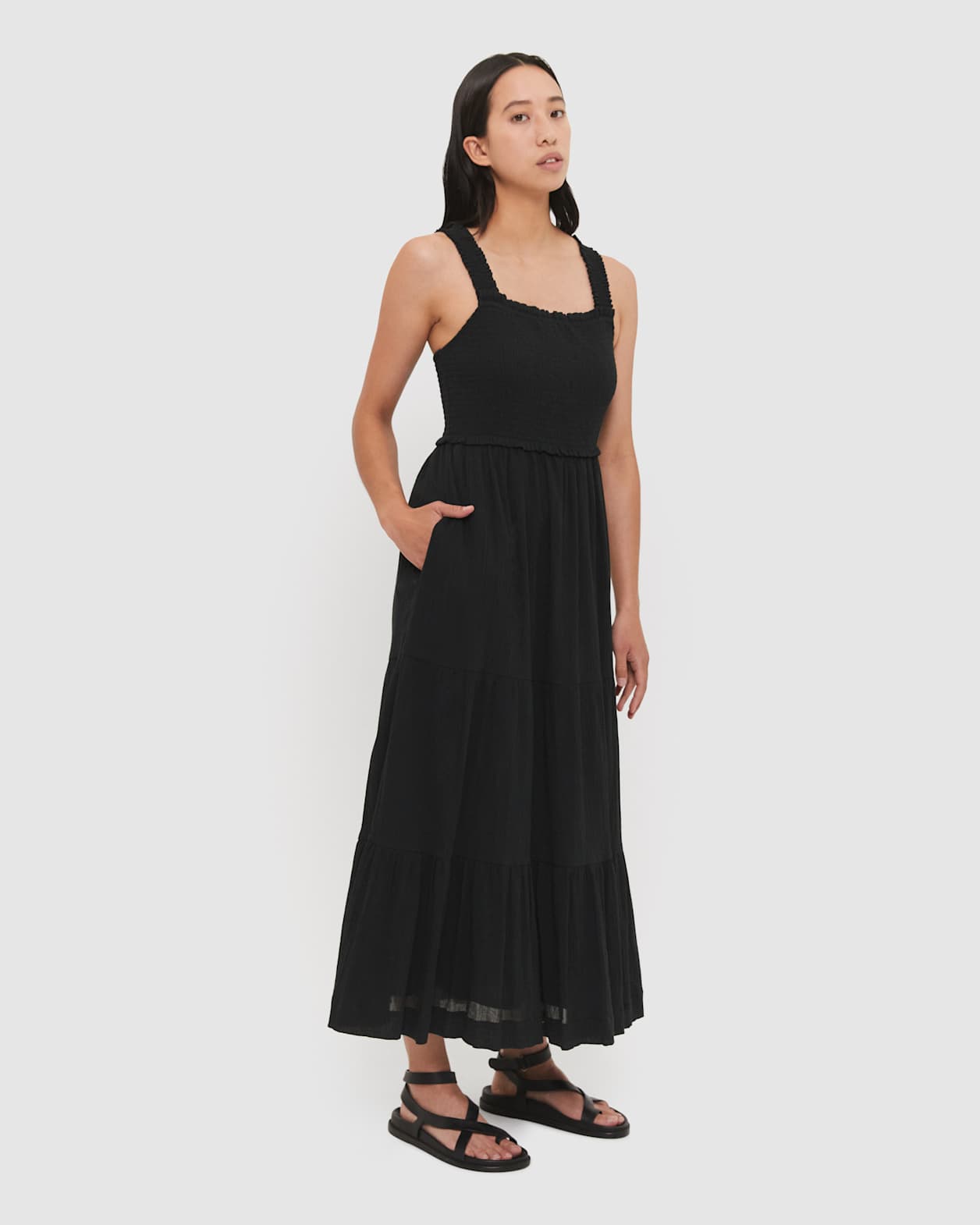 Lucy Shirred Midi Dress in BLACK