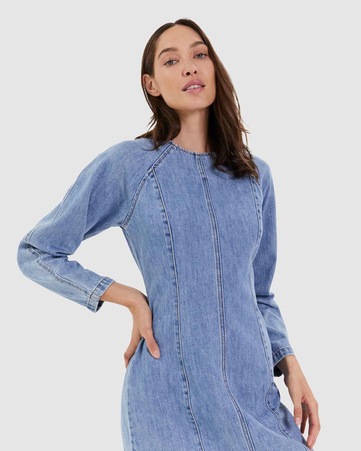 Billie Long Sleeve Denim Dress in LIGHT VINTAGE