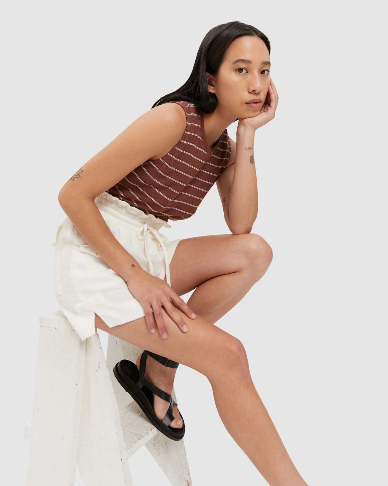 Ava Stripe Linen Tank in CHOC/WHITE