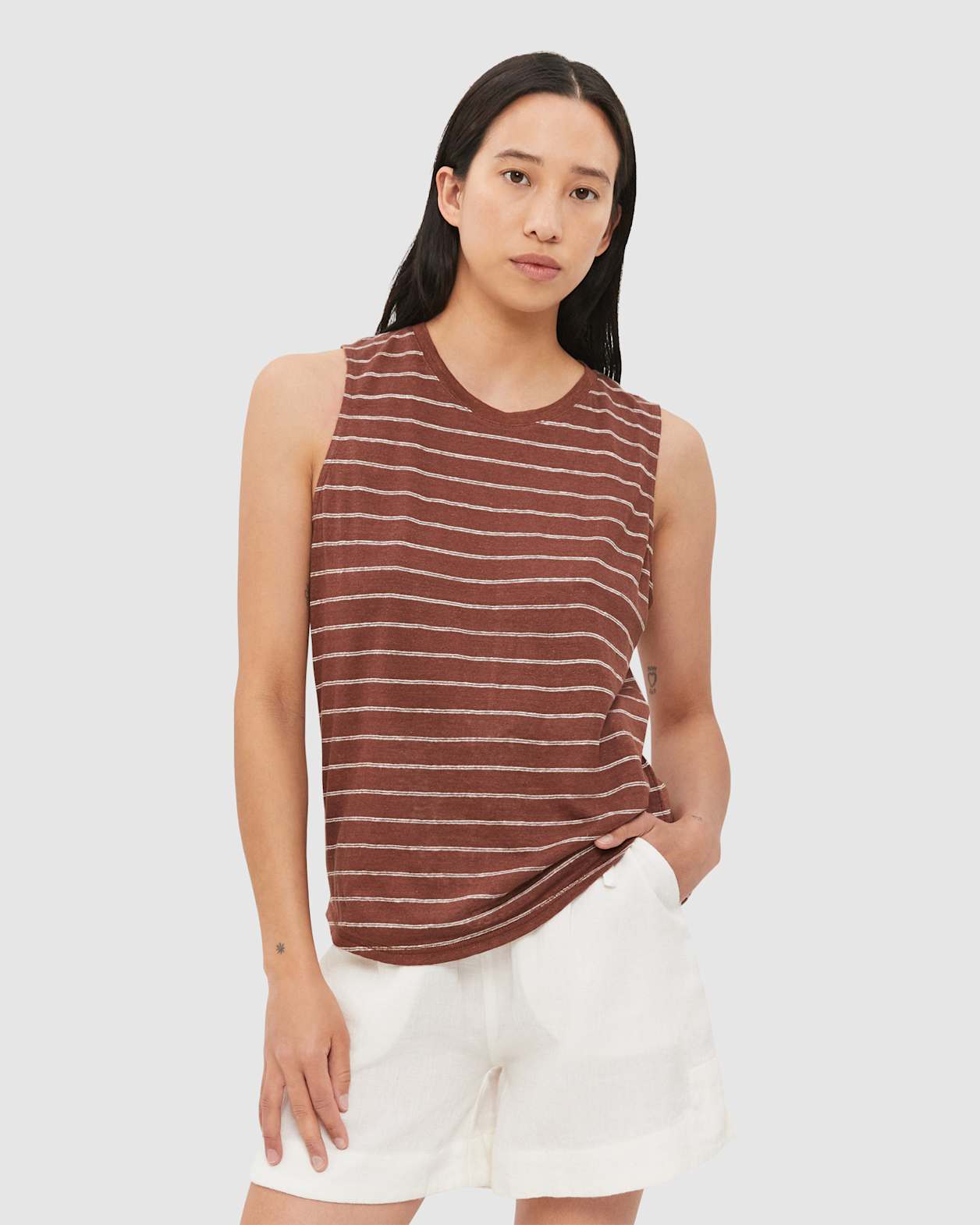 Ava Stripe Linen Tank in CHOC/WHITE