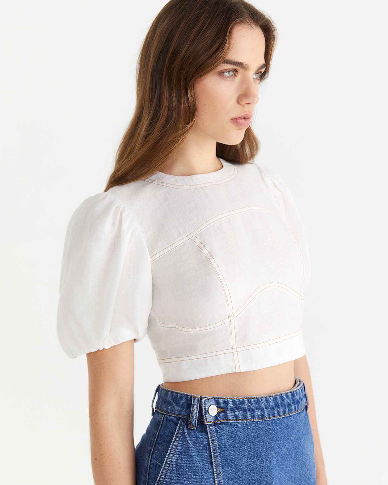 Charlie Linen Puff Sleeve Top in WHITE