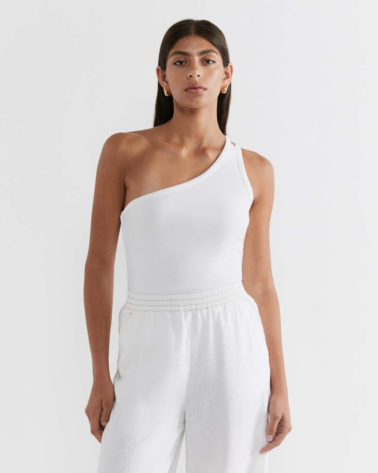 Kriti Cotton Rib One Shoulder in WHITE