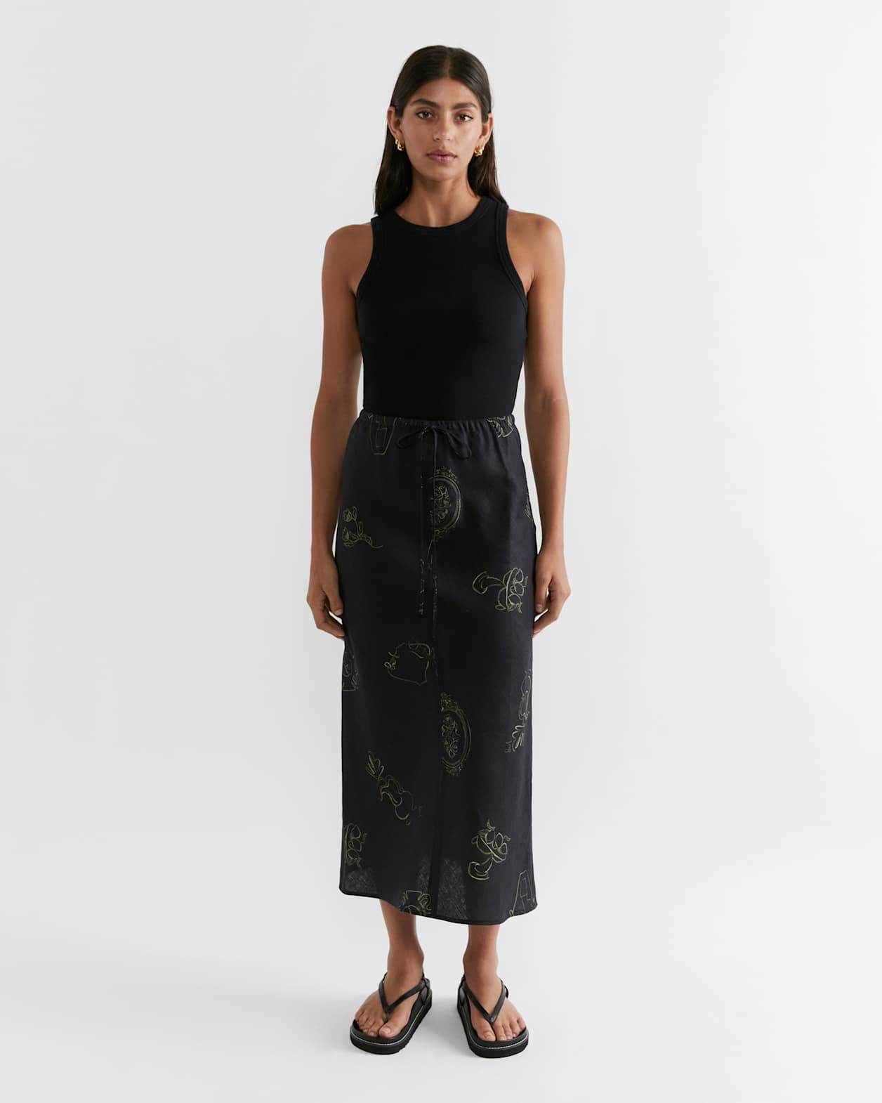 Alina Linen Muse Slip Skirt in BLACK/OLIVE