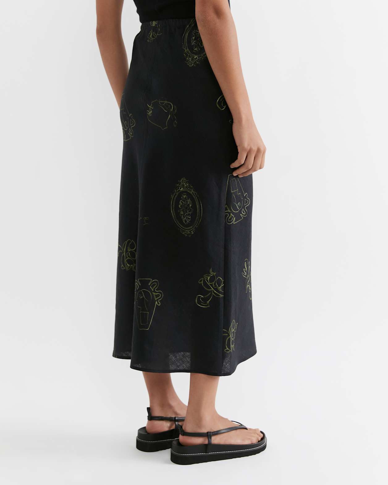 Alina Linen Muse Slip Skirt in BLACK/OLIVE