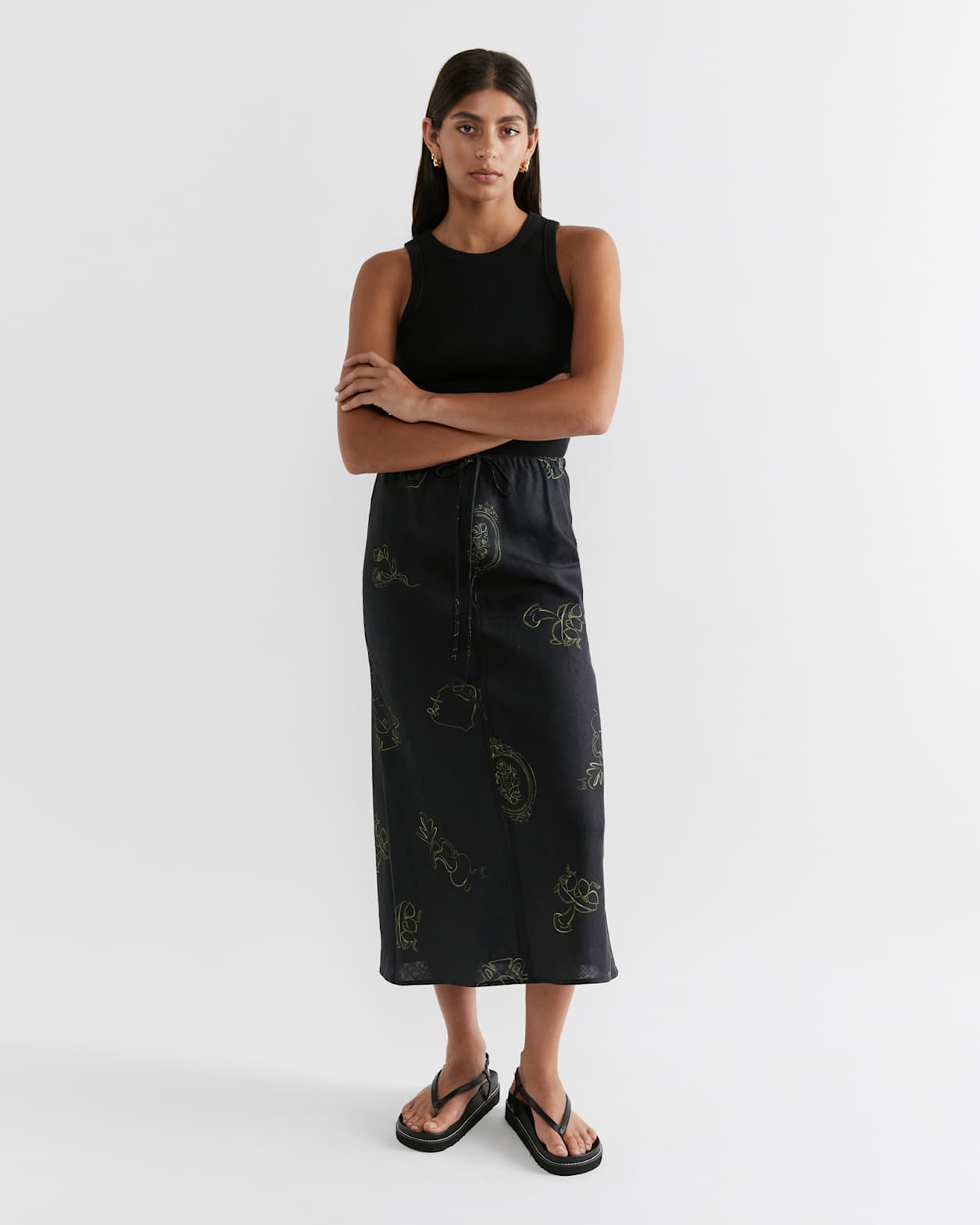 Alina Linen Muse Slip Skirt in BLACK/OLIVE