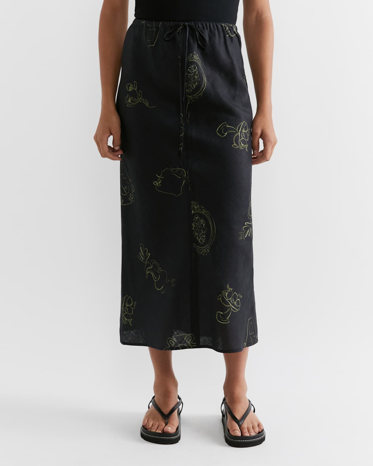 Alina Linen Muse Slip Skirt in BLACK/OLIVE