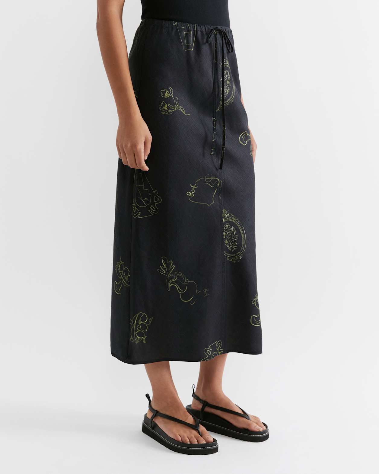 Alina Linen Muse Slip Skirt in BLACK/OLIVE