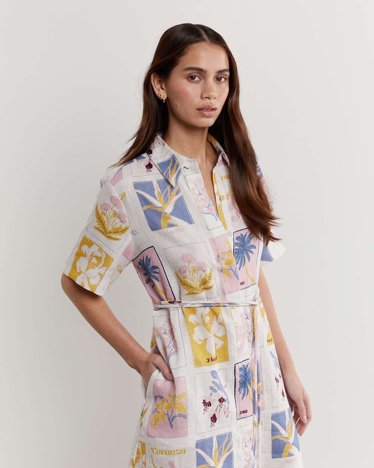 Aimee Linen Postcard Dress in PINK MULTI