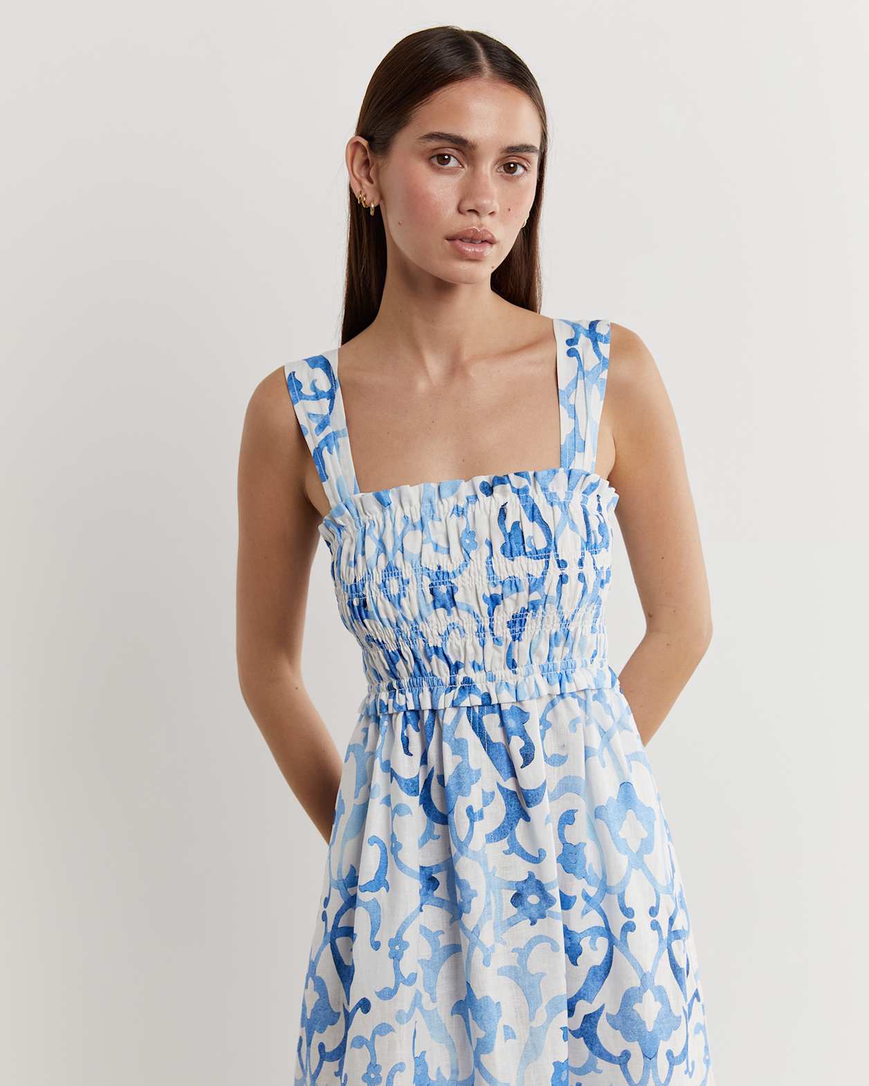 Noelle Linen Mosaic Dress in WHITE/COBALT