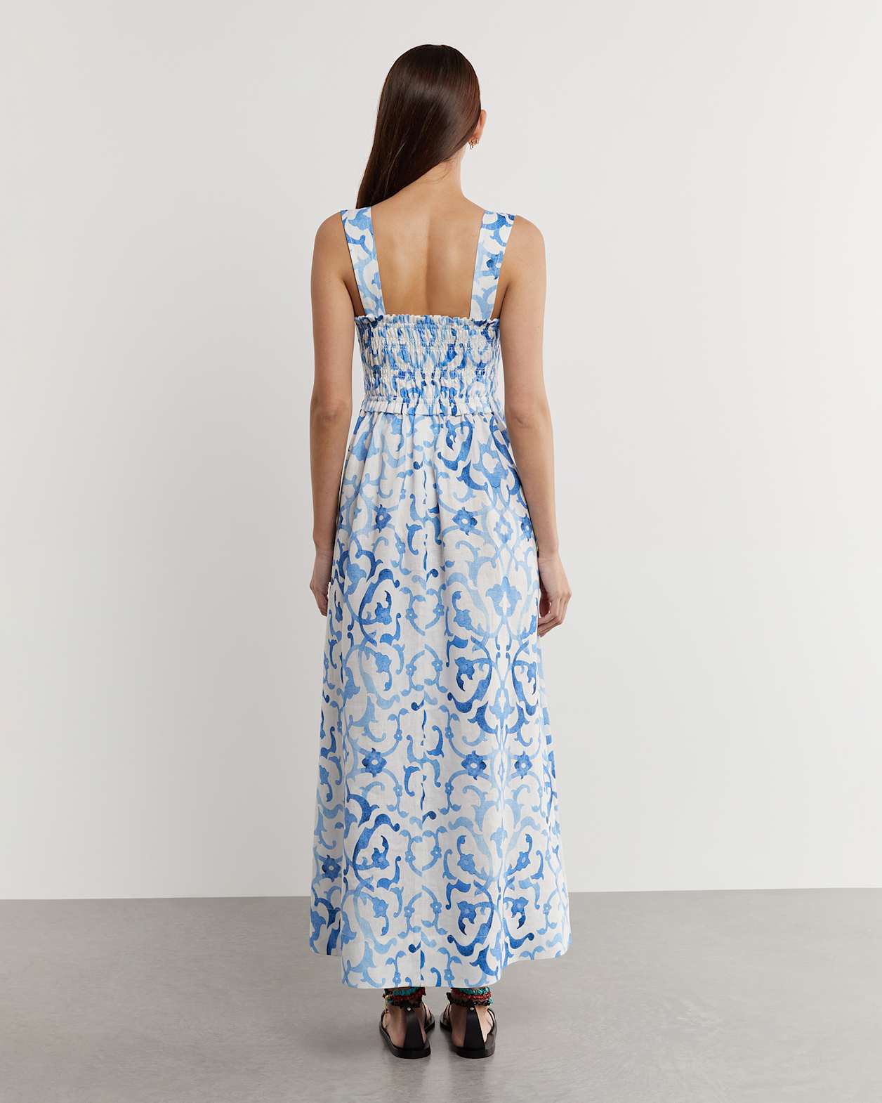 Noelle Linen Mosaic Dress in WHITE/COBALT