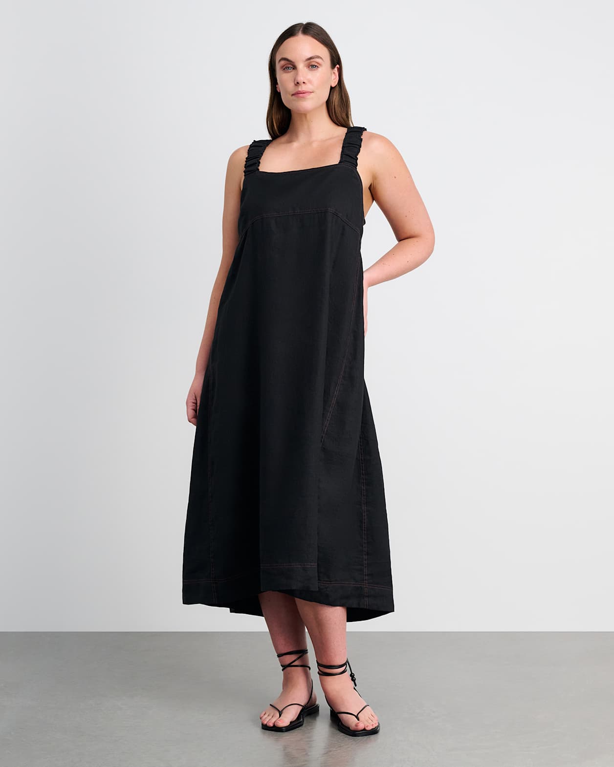 Kiki Elastic Strap Linen Dress in BLACK