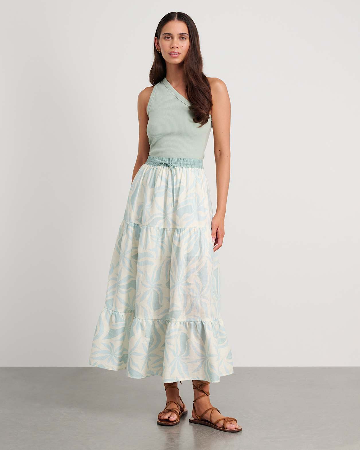 Hallie Linen Palma Maxi Skirt in MINT/IVORY