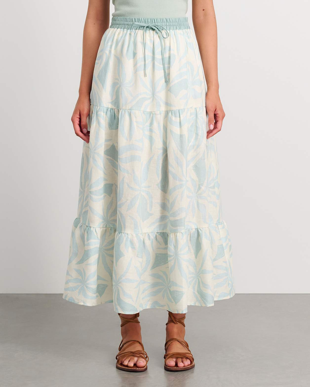 Hallie Linen Palma Maxi Skirt in MINT/IVORY