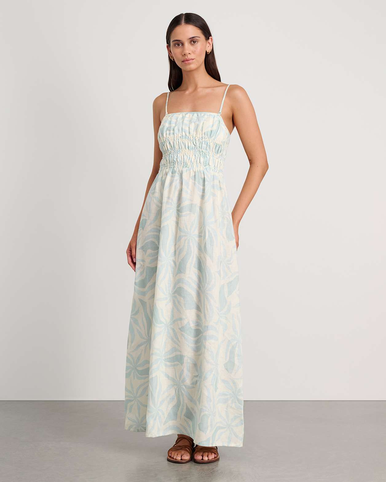 Palma Shirred Maxi Dress in MINT/IVORY