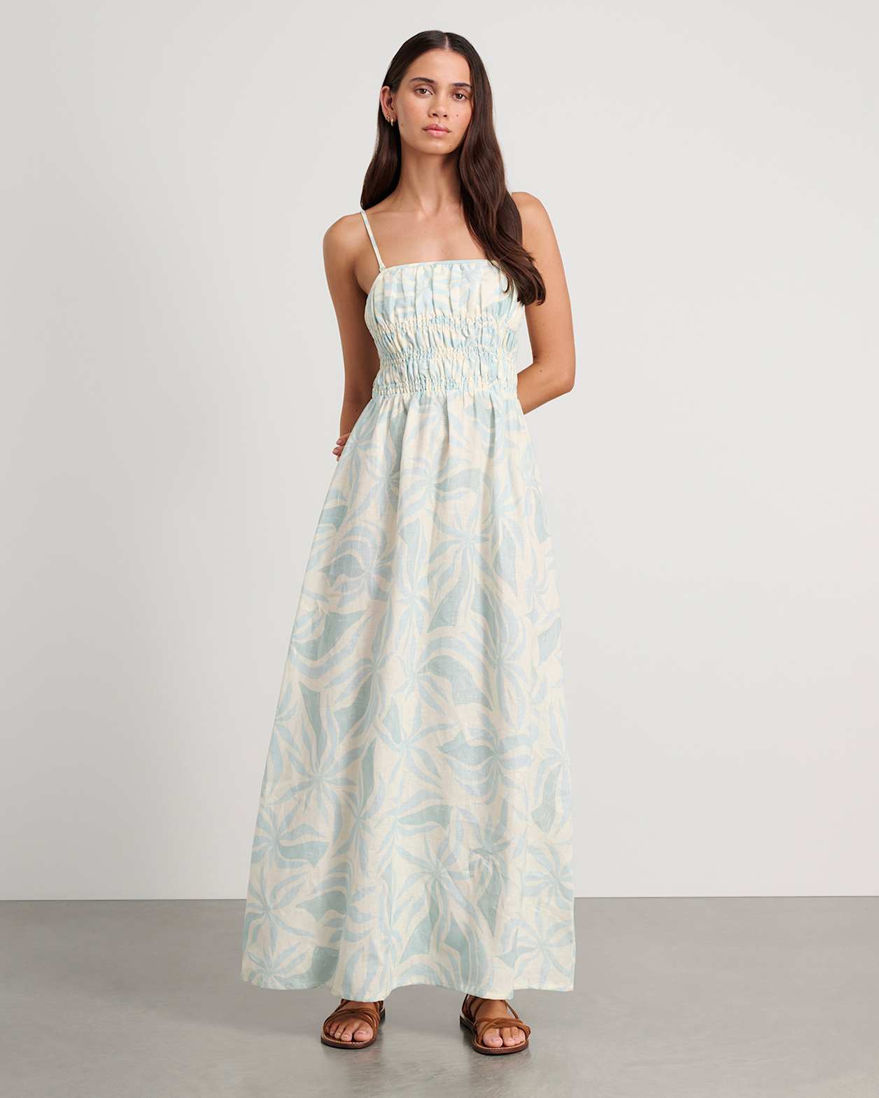 Palma Shirred Maxi Dress in MINT/IVORY