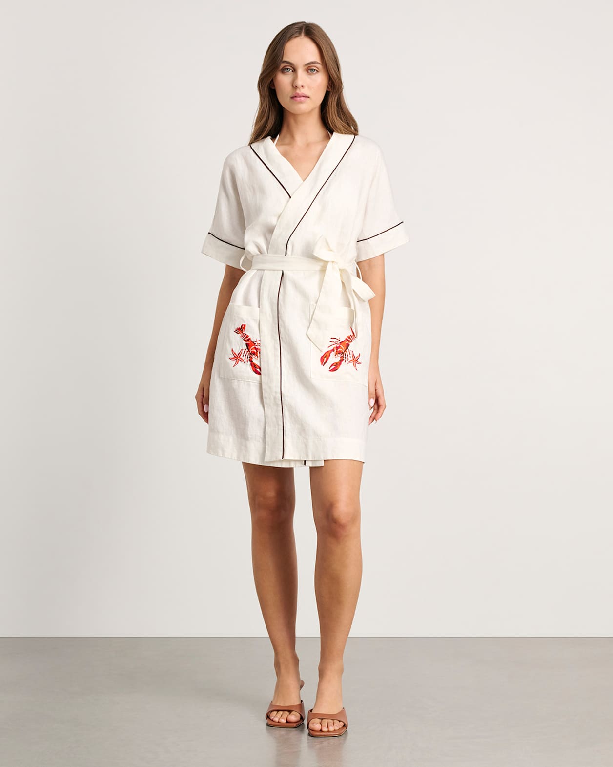 Embroidered Linen Lobster Robe Dress in MILK
