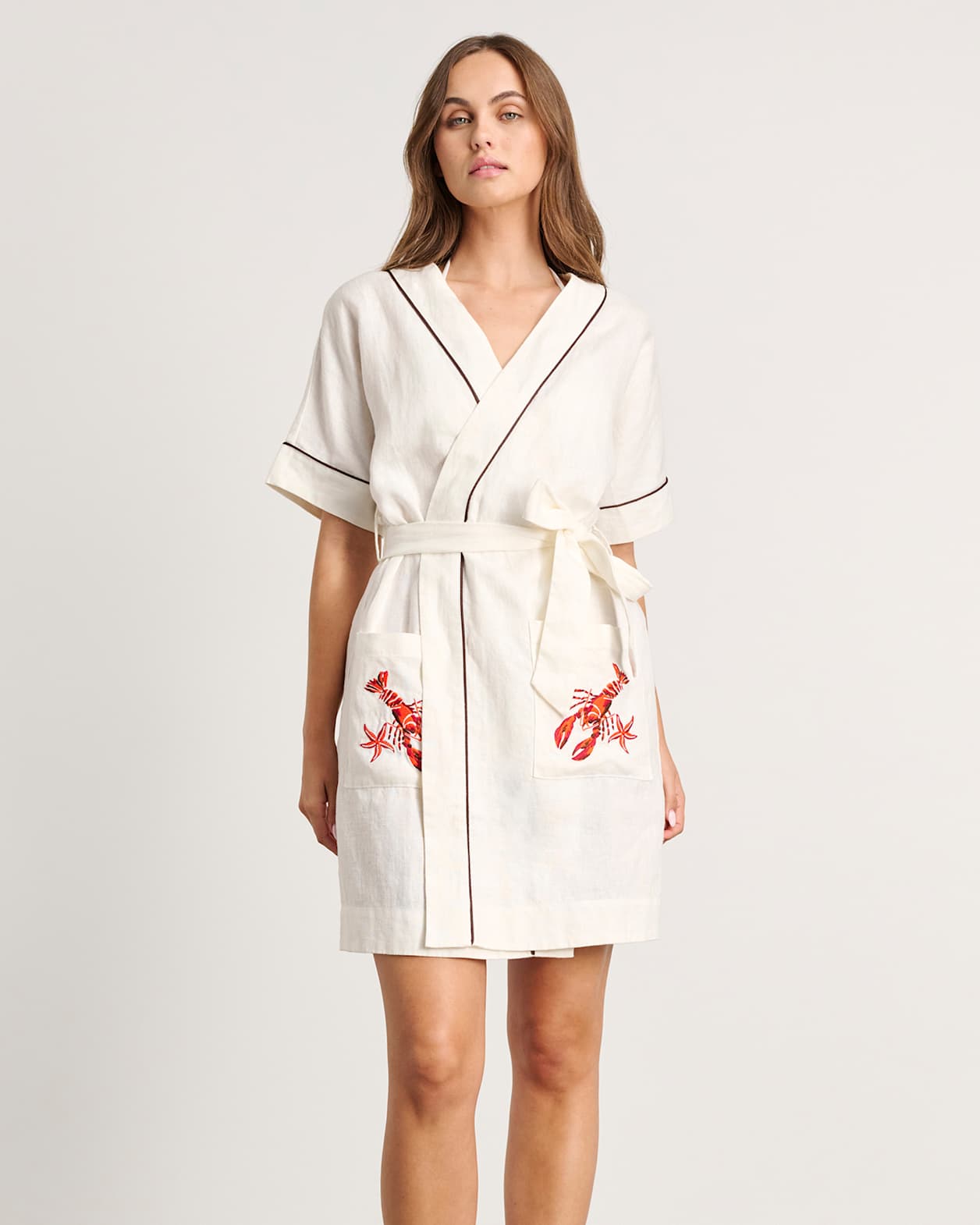 Embroidered Linen Lobster Robe Dress in MILK