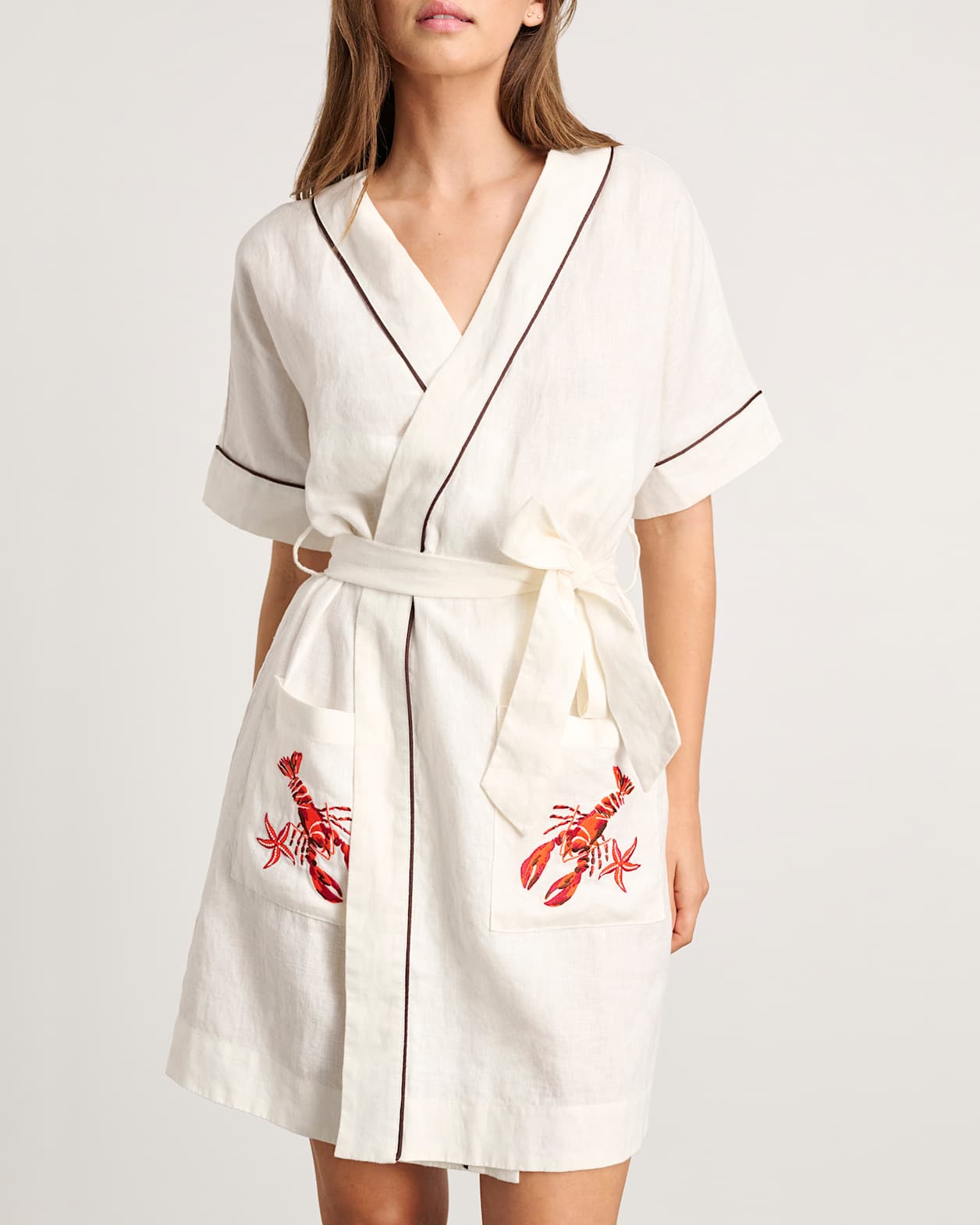 Embroidered Linen Lobster Robe Dress in MILK