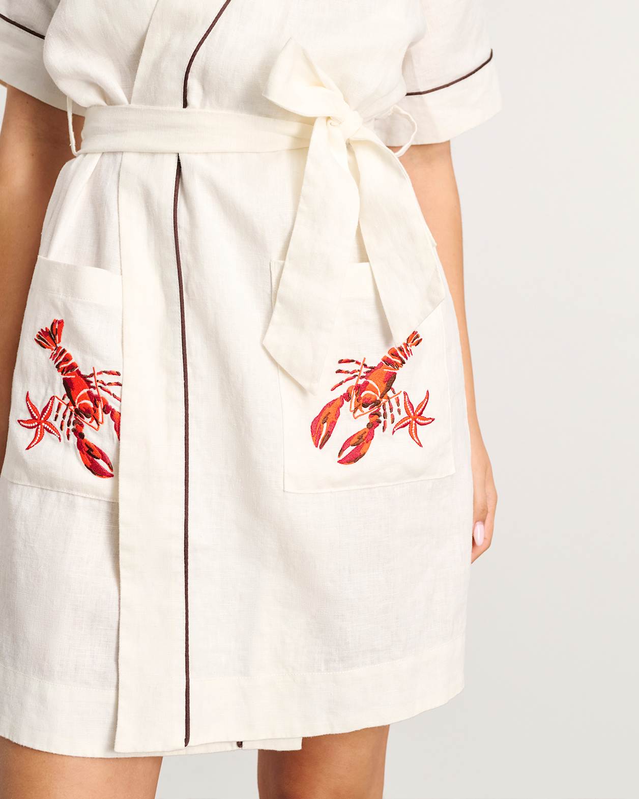 Embroidered Linen Lobster Robe Dress in MILK