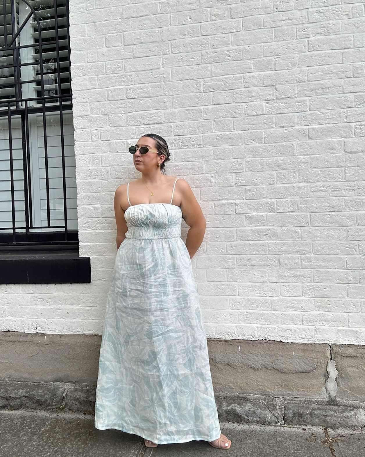 Palma Shirred Maxi Dress in MINT/IVORY