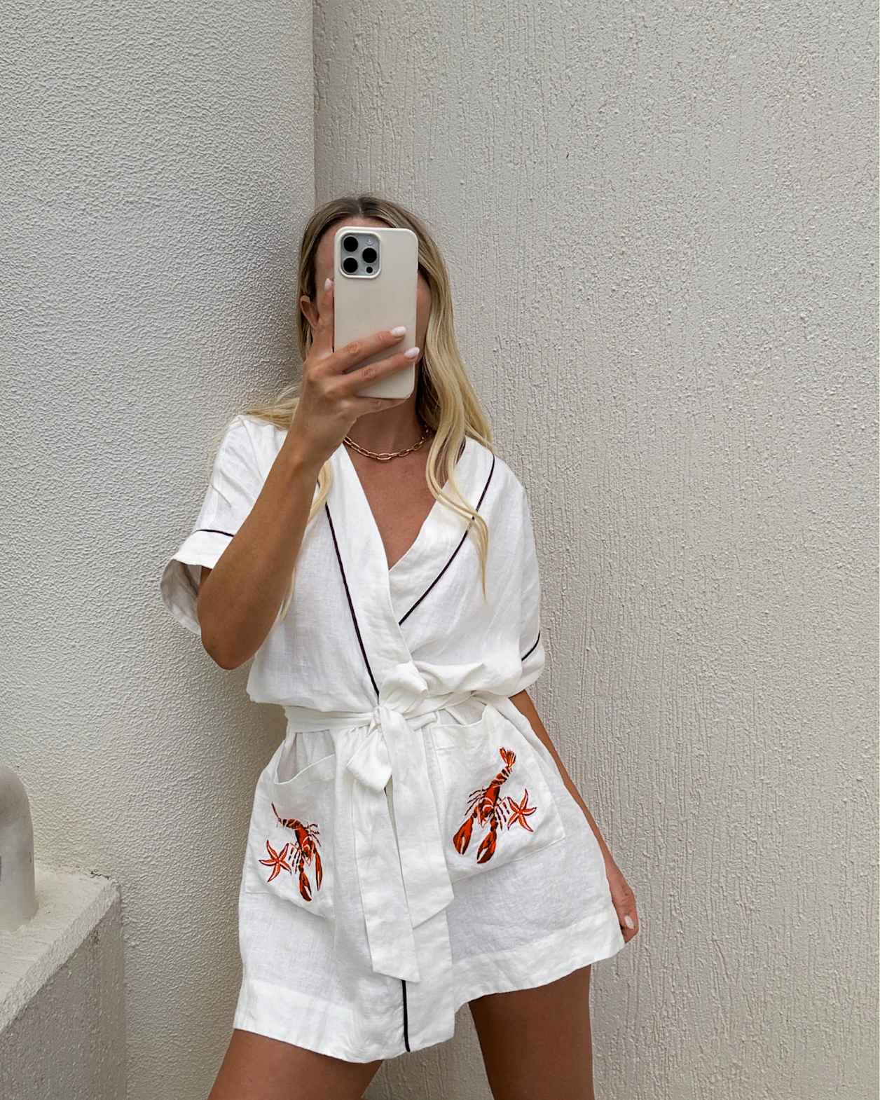 Embroidered Linen Lobster Robe Dress in MILK
