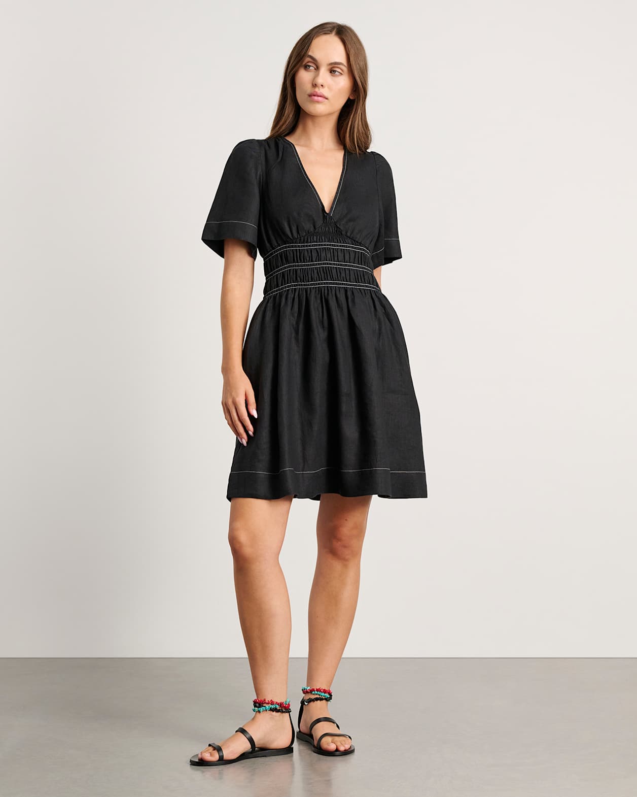 Siena Linen V Neck Mini Dress in BLACK
