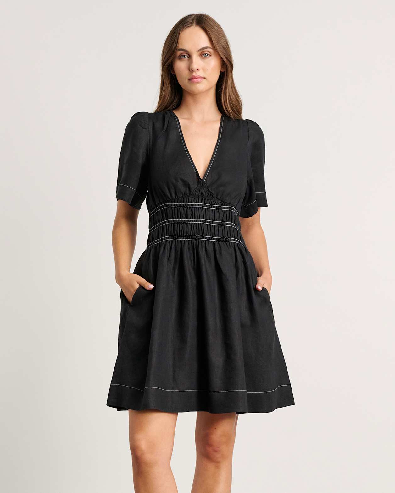 Siena Linen V Neck Mini Dress in BLACK